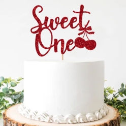 Sweet ONE Cherry Glittering Red Cake Pick Topper